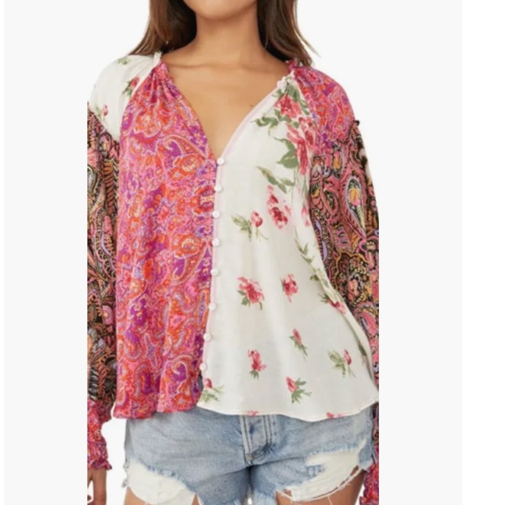 Free People Gemini Patchwork Print Button-Up Blouse in Ivory Combo Size L